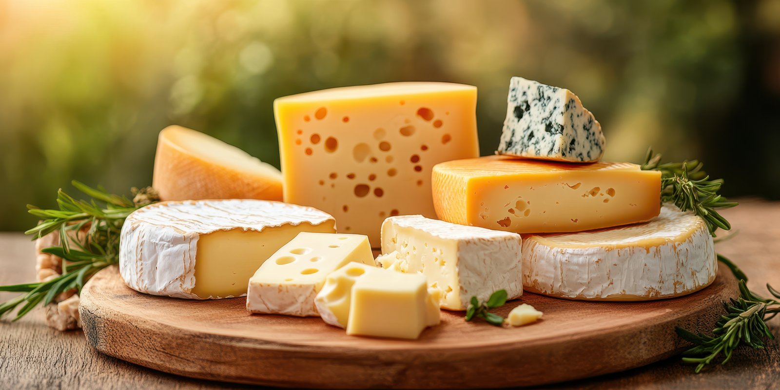 Selection of assorted cheeses displayed on a wooden board outdoors during golden hour sunlight